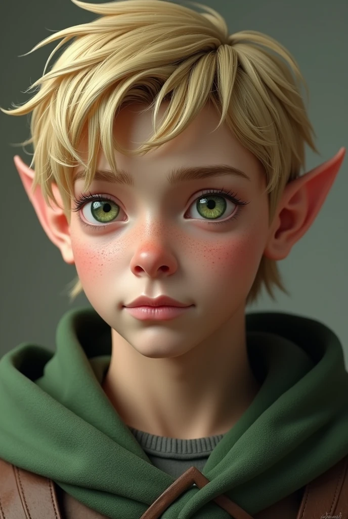 male elf, realistic, short blond hair, green eyes, boy, masculine,