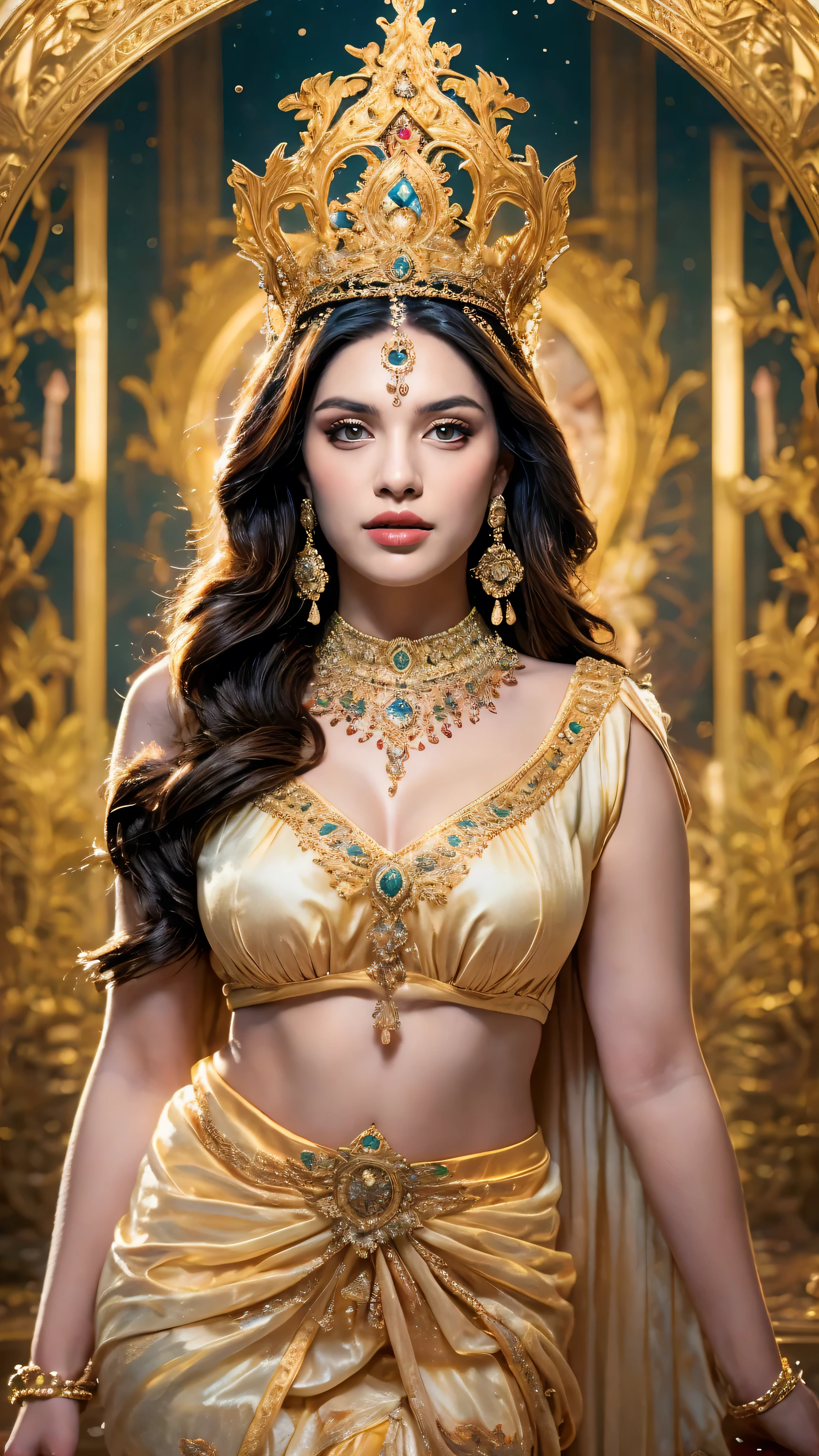 ((Best quality, 8k, Masterpiece :1.3)), Sharp focus :1.2, Generate a realistic image of a beautiful sexy Indian woman plus size body: 8.5 (masterpiece like a princess) (body like divine girl) dressed divine clothes white short skirt and print v neck blouse + belt, adorned with traditional ornaments, standing in a well-lit room with cinematic lighting. ((Front view, random elegant pose)), and there is a sense of grace and elegance in her posture. The background should complement the scene, enhancing the overall aesthetic appeal of the image. Photography by Brandon Woelfel, Full shot: Canon EF 16-35mm f/2.8L III USM lens on a Canon EOS 5D Mark IV camera, ultra realistic, 32k, HD