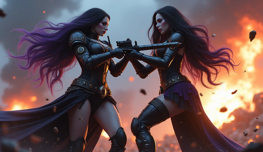 Full body pose sexy sisters of battle from the warhammer 40k, shooting at the enemy, black and red armor with intricate details, religous symbols on the armor, sisters of battle, warhammer 40k, Massive silicone breast, pale skin, seductive, temptation, eat your soul, clevage, long flowing black hair with purple highlights, heavy gothic makeup, at night, neon, beautiful detailed eyes, beautiful detailed lips, extremely detailed eyes and face, long eyelashes, highly detailed armor, intricate futuristic weaponry, dramatic lighting, cinematic composition, muted color palette, gritty and realistic, mecha, science fiction, hyper-detailed, photorealistic, award winning digital art, 8k, HDR, masters work, in the middle of a battle field, full body combat action pose, explosions and fire around, full war, stunning, Stilleto heels, high heels, full body pose, cinematic, movie trailer, final stand!, nemesis, ready to strike, dust and debree, combat screams, attacking, shooting at the enemy, running forward, last line of defense, charging, fanatic, religious, templar knights, sisters of battle, warhammer 40k