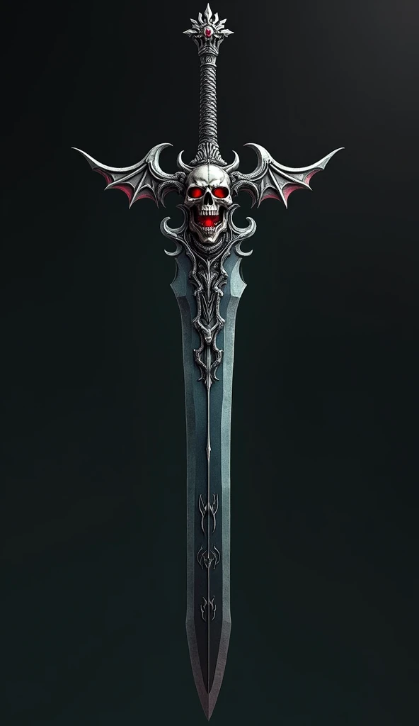 Create an ancient sword named "Ceifadora de Almas," designed for the son of Hades. The blade is black with a deep purple hue, resembling dark obsidian, symbolizing the underworld. The blade is long and slightly curved, with a shimmering dark aura, giving the impression of an ethereal connection to the realm of the dead. At the center of the hilt is a menacing skull, its eye sockets glowing faintly as if watching the souls it claims. The hilt is adorned with intricate carvings of serpents and skulls, reinforcing its connection to death and the spirits. The crossguard is forged in the shape of bat wings, dark and threatening, enhancing the weapon's ominous appearance. The pommel features a large, blood-red gem, glowing faintly, as if imbued with the souls of the damned. The entire sword exudes a foreboding presence, clearly designed for a warrior destined to rule the underworld