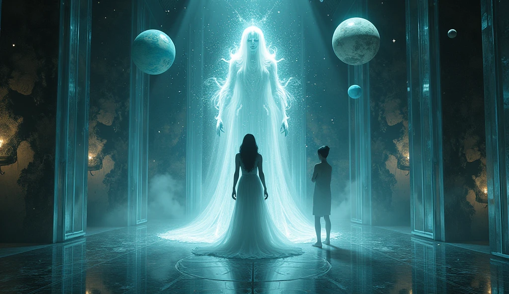 A captivating dark fantasy scene featuring a person with an ethereal aura, projecting their astral form behind another individual who remains in their physical body. Both figures emit harmonious energy, and together, they create a sense of love and warmth. The setting is a mesmerizing crystal room, surrounded by planets and adorned with intricate details. The artwork is cinematic in style, with a blend of light and shadow that adds depth and dimension encapsulates the conceptual essence of this enchanting encounter., cinematic, conceptual art, dark fantasy