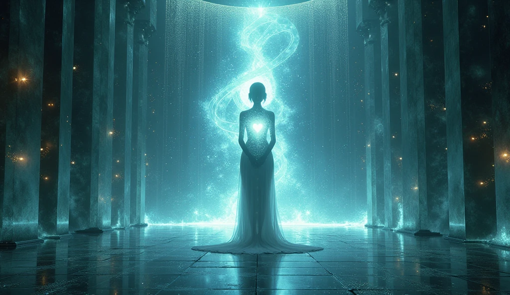 A captivating dark fantasy scene featuring a person with an ethereal aura, projecting their astral form behind another individual who remains in their physical body. Both figures emit harmonious energy, and together, they create a sense of love and warmth. The setting is a mesmerizing crystal room, surrounded by planets and adorned with intricate details. The artwork is cinematic in style, with a blend of light and shadow that adds depth and dimension encapsulates the conceptual essence of this enchanting encounter., cinematic, conceptual art, dark fantasy