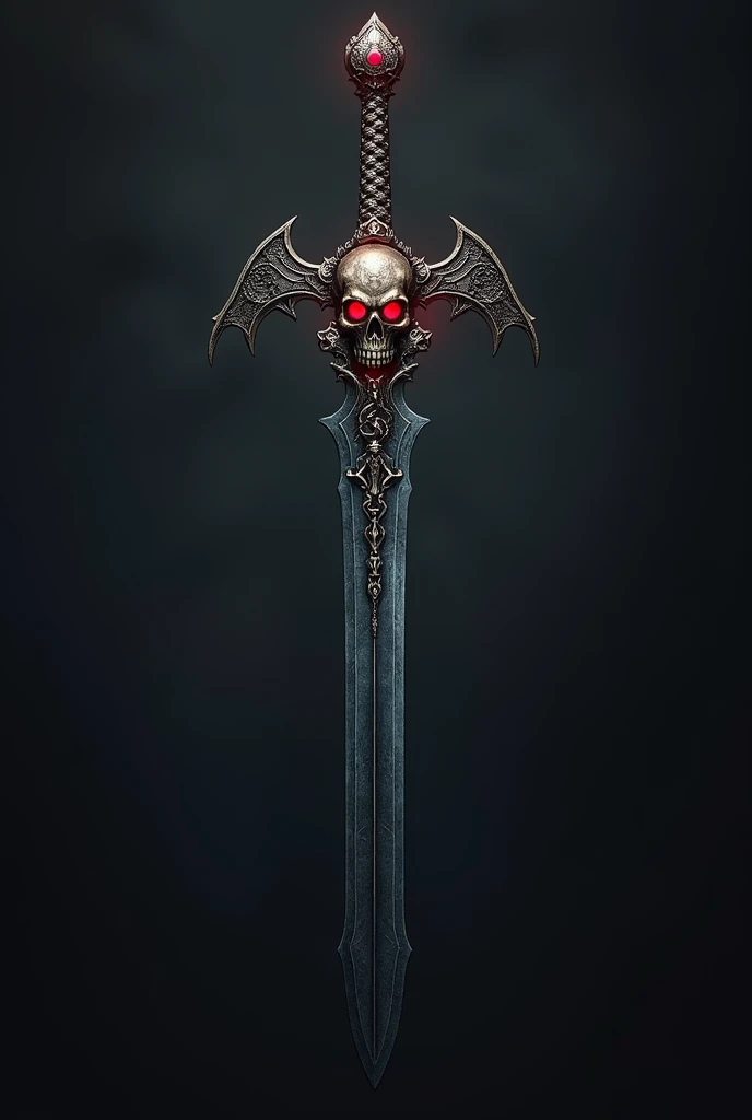 Create an ancient sword named "Ceifadora de Almas," designed for the son of Hades. The blade is black with a deep purple hue, resembling dark obsidian, symbolizing the underworld. The blade is long and slightly curved, with a shimmering dark aura, giving the impression of an ethereal connection to the realm of the dead. At the center of the hilt is a menacing skull, its eye sockets glowing faintly as if watching the souls it claims. The hilt is adorned with intricate carvings of serpents and skulls, reinforcing its connection to death and the spirits. The crossguard is forged in the shape of bat wings, dark and threatening, enhancing the weapon's ominous appearance. The pommel features a large, blood-red gem, glowing faintly, as if imbued with the souls of the damned. The entire sword exudes a foreboding presence, clearly designed for a warrior destined to rule the underworld
