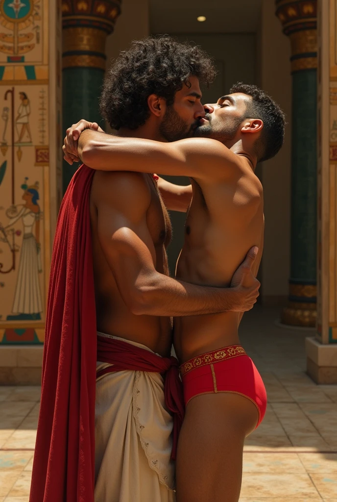 Sexy ugly  guy wearing shalwar kameez  kissing a hot fully naked man wearing only hot red underwear in fair colour in  Egyptian style realistic
