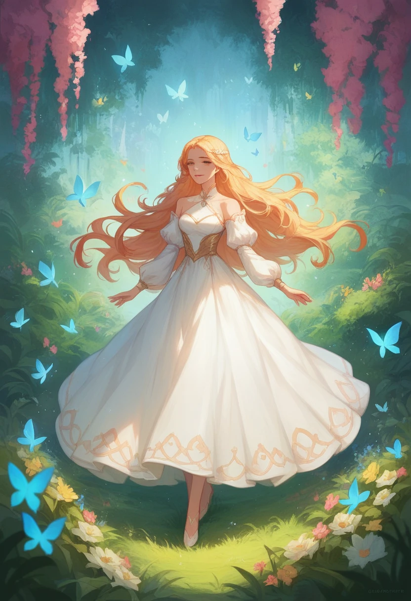 A beautiful young girl in a lush, verdant garden, wearing a delicate white dress, with long flowing hair, her eyes sparkling with wonder, surrounded by vibrant flowers and butterflies, a warm golden light illuminating the serene scene, a sense of whimsical enchantment, a magical realism style, highly detailed and photorealistic.