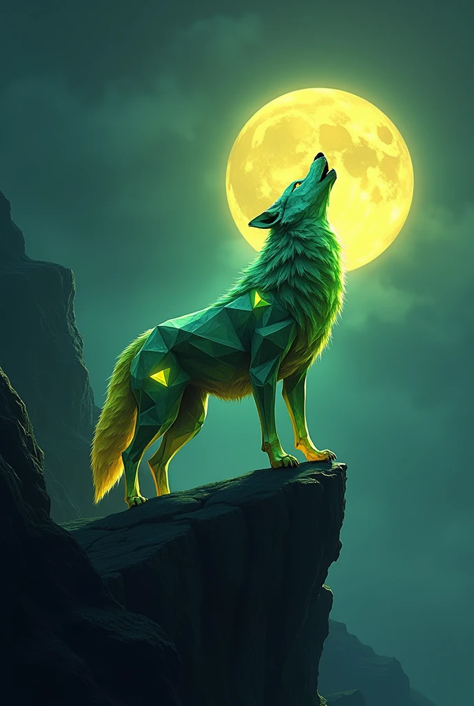 crystaline geometrical alpha wolf till neck green as primary color and yellow,red,blue as secondary colors howling on cliff in full moon emblem
