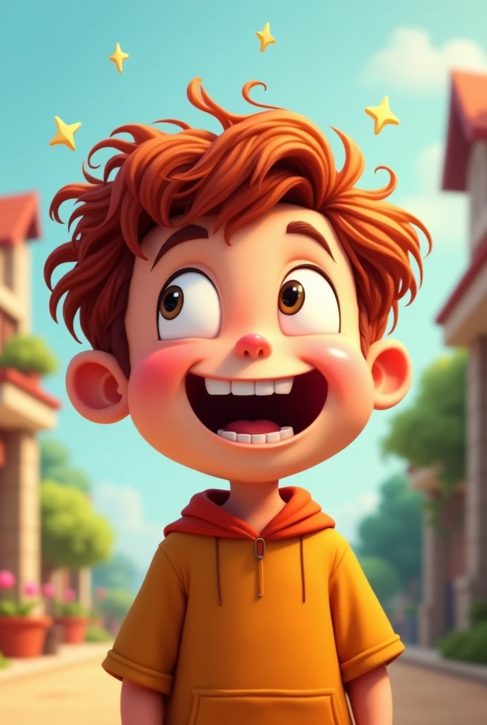 A cartoon character, a boy, with curly hair and reddish brown hair, wants to laugh