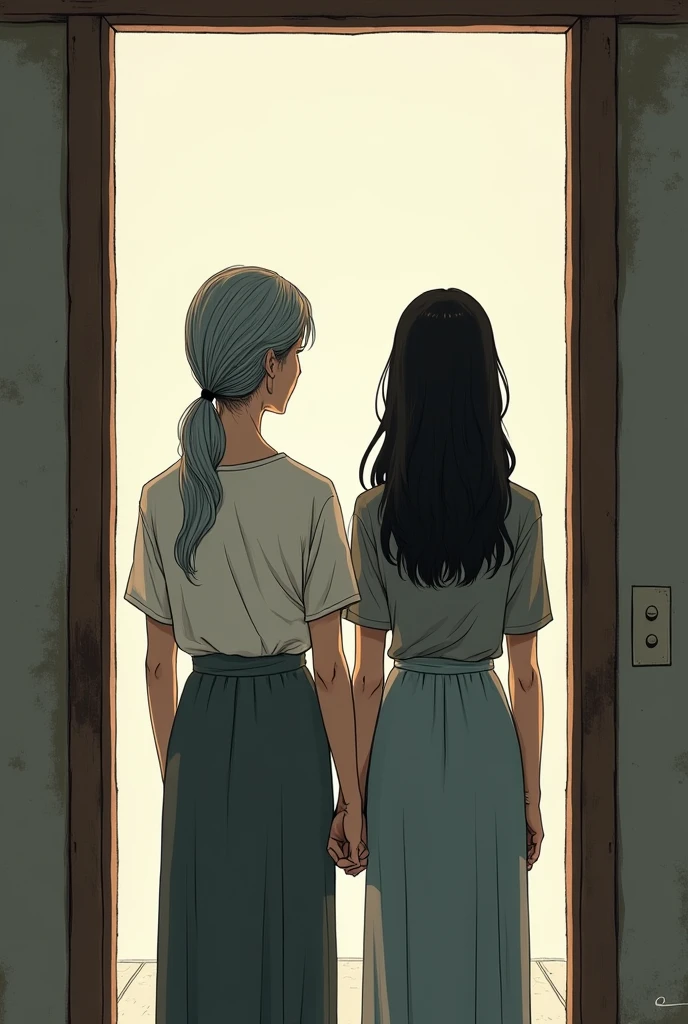 An older woman next to a younger woman with long hair and jeans, both standing in front of an open door. Back view. manga style.