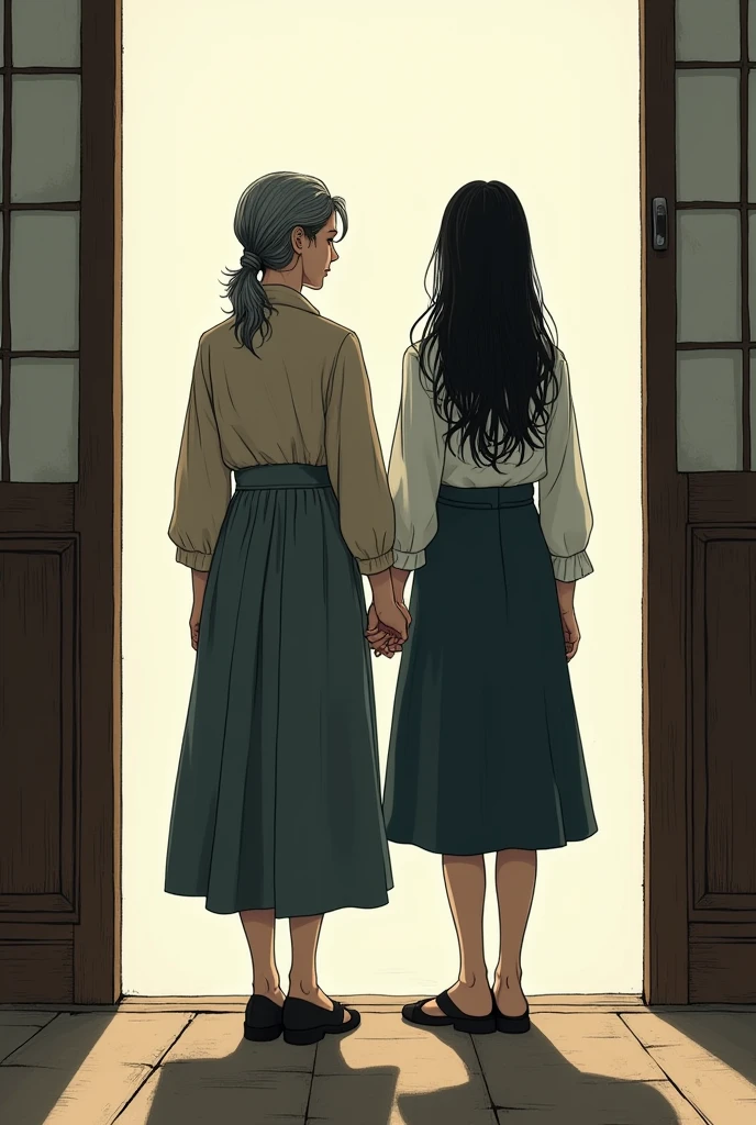 An older woman next to a younger woman with long hair and jeans, both standing in front of an open door. Back view. manga style.