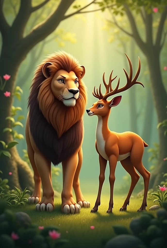 A lion having friendship with a deer a realistic one not 3d animated