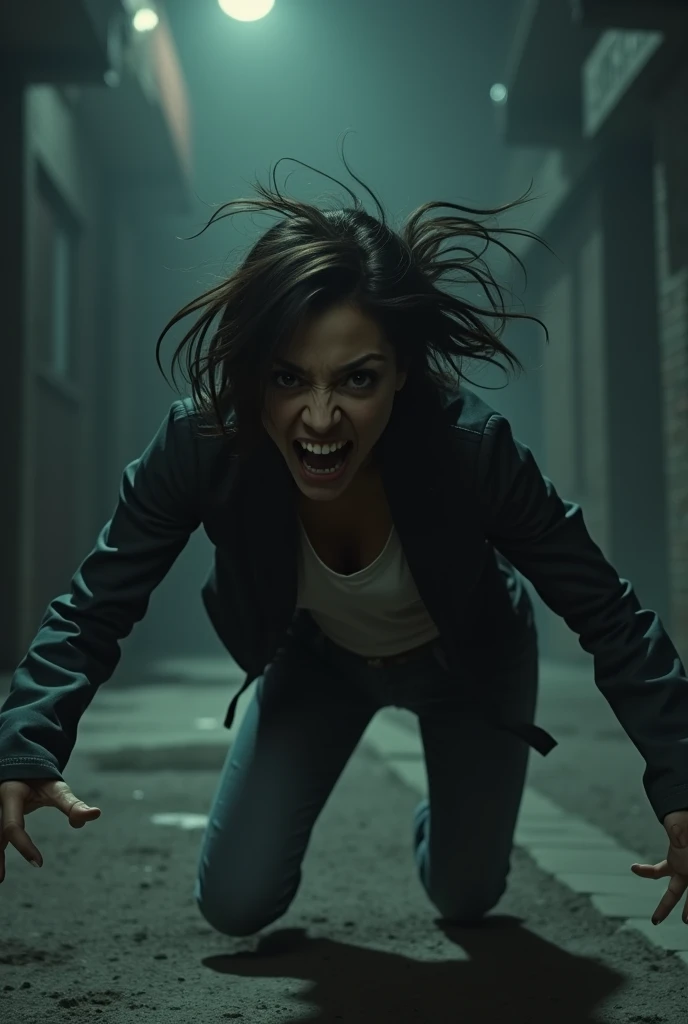 Dark image of an angry young woman falling to the ground