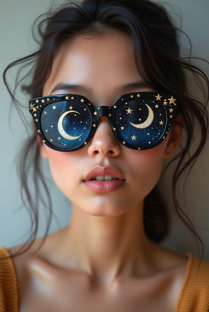 The model is wearing glass sunglasses with stars and the moon on the glass