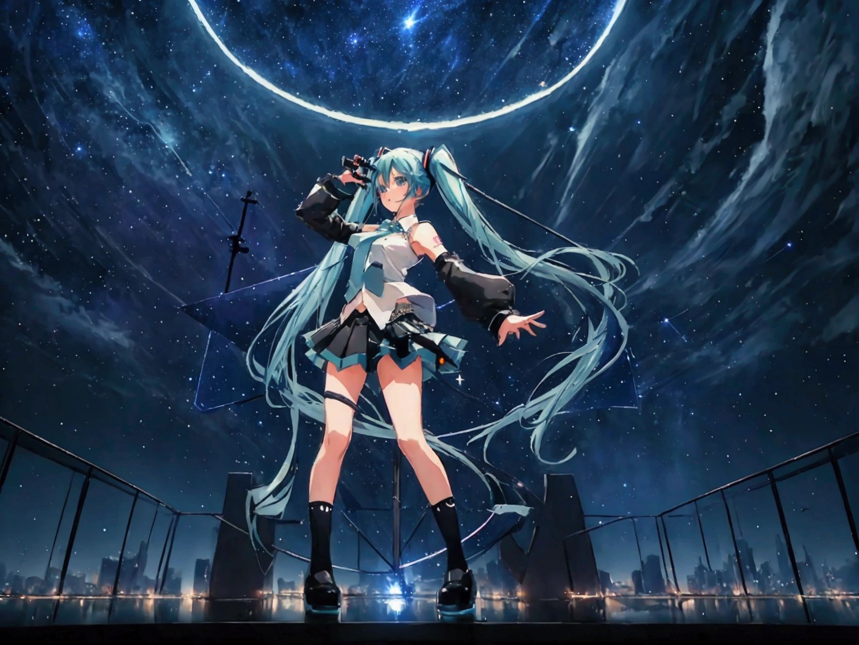 ((High Quality,high resolution,Painting)),(Hatsune Miku,one person's,Light blue hair,Twin tails,No sleeve,tie,mini skirt,socks,Black hoodie),((Blue is the predominant color,Angle from below,Stars in the night sky,Crescent Moon)),(Shining futuristic city at night,Night view,Cyber World),(Dynamic pose,Cool pose,Standing on a glass stage,Cool look,singing,Holding a microphone)