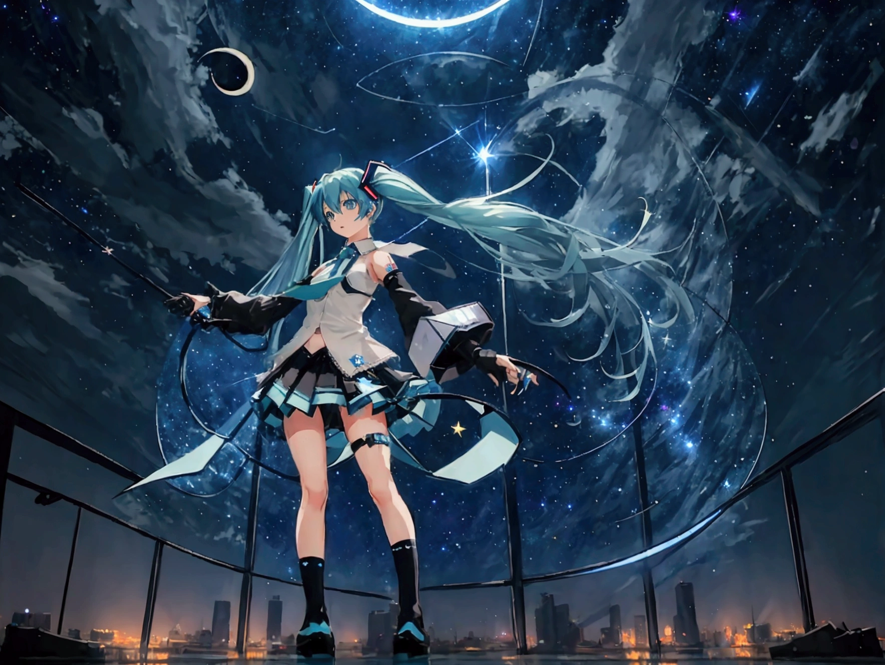 ((High Quality,high resolution,Painting)),(Hatsune Miku,one person&#39;s,Light blue hair,Twin tails,No sleeve,tie,mini skirt,socks,Black hoodie),((Blue is the predominant color,Angle from below,Stars in the night sky,Crescent Moon)),(Shining futuristic city at night,Night view,Cyber World),(Dynamic pose,Cool pose,Standing on a glass stage,Cool look,singing,Holding a microphone)