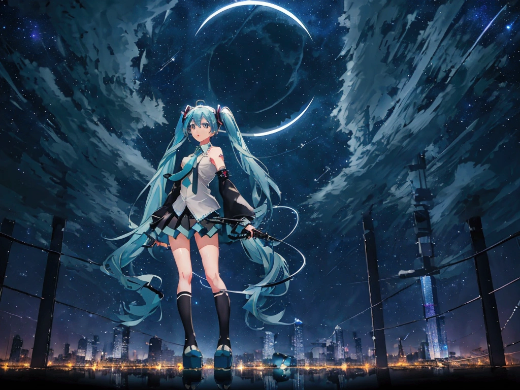 ((High Quality,high resolution,Painting)),(Hatsune Miku,one person's,Light blue hair,Twin tails,No sleeve,tie,mini skirt,socks,Black hoodie),((Blue is the predominant color,Angle from below,Stars in the night sky,Crescent Moon)),(Shining futuristic city at night,Night view,Cyber World),(Dynamic pose,Cool pose,Standing on a glass stage,Cool look,singing,Holding a microphone)