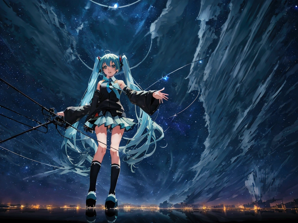 ((High Quality,high resolution,Painting)),(Hatsune Miku,one person&#39;s,Light blue hair,Twin tails,No sleeve,tie,mini skirt,socks,Black hoodie),((Blue is the predominant color,Angle from below,Stars in the night sky,Crescent Moon)),(Shining futuristic city at night,Night view,Cyber World),(Dynamic pose,Cool pose,Standing on a glass stage,Cool look,singing,Holding a microphone)