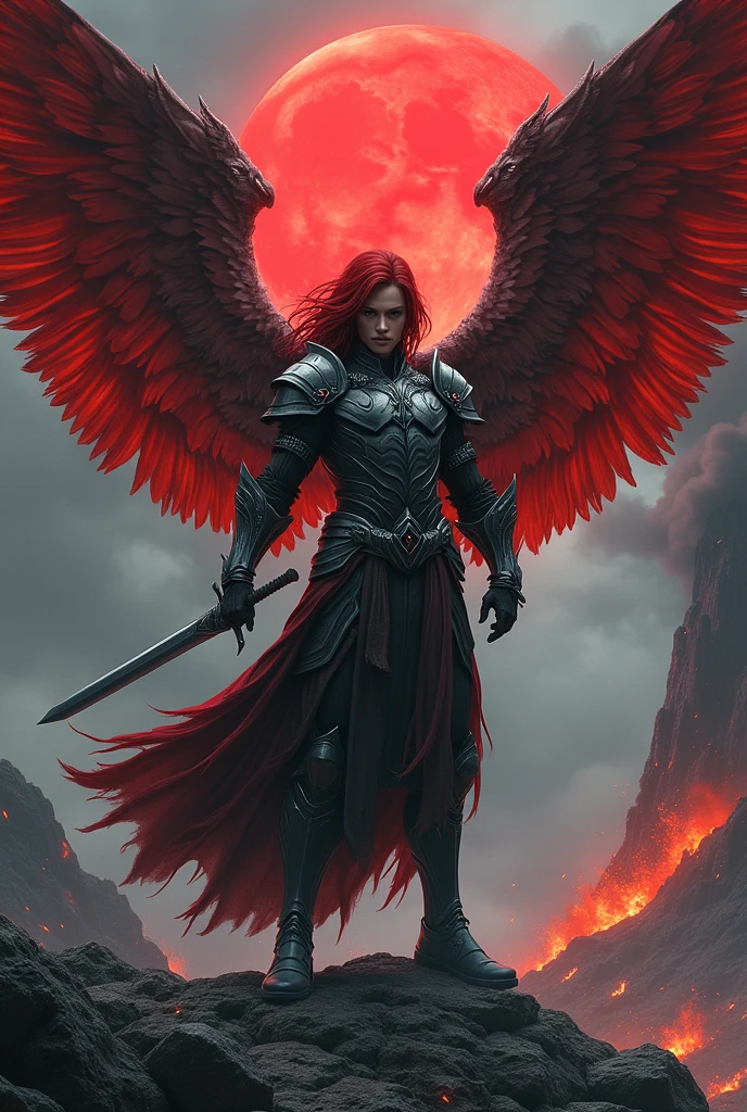 Male warrior angel with matte dark gray armor clothes and red wings and long straight red hair, very apocalyptic rock background, and red moon next to a volcano in Japanese manga style, young, very masculine, not very strong face with metallic gray sword 