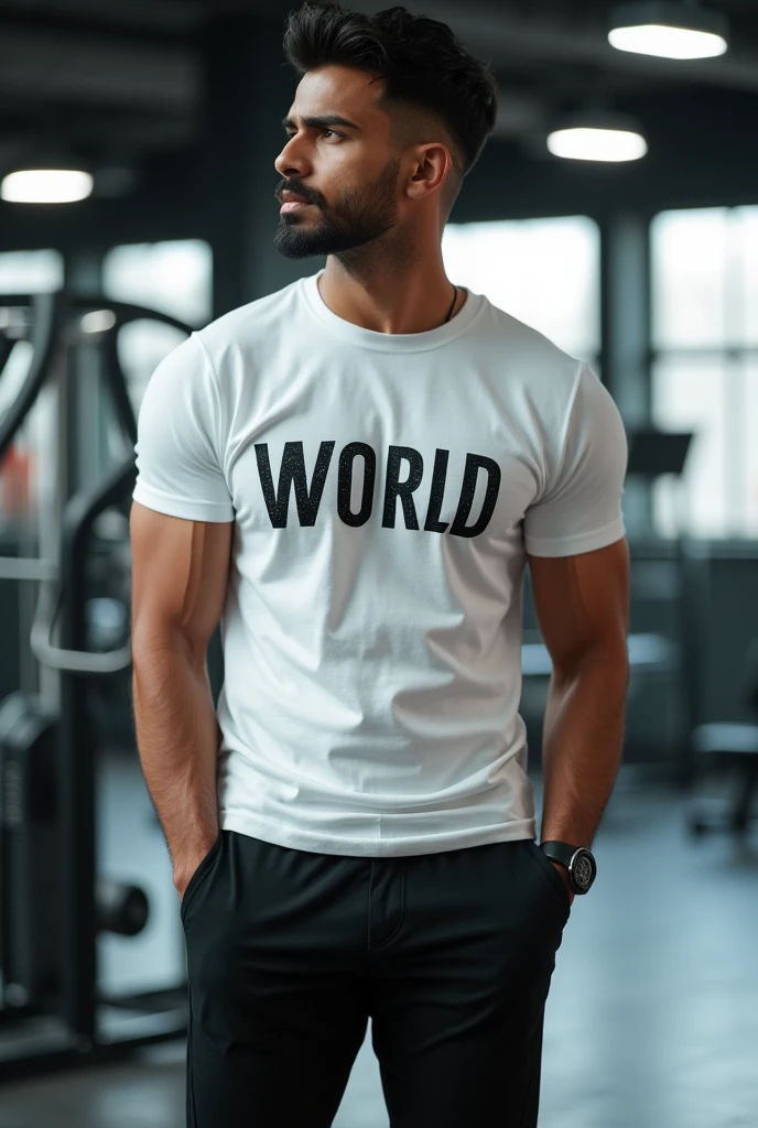 A smart indian men model, wearing black dryfit lower,side pocket with zipper, THEZOVEN text print with white, gym background