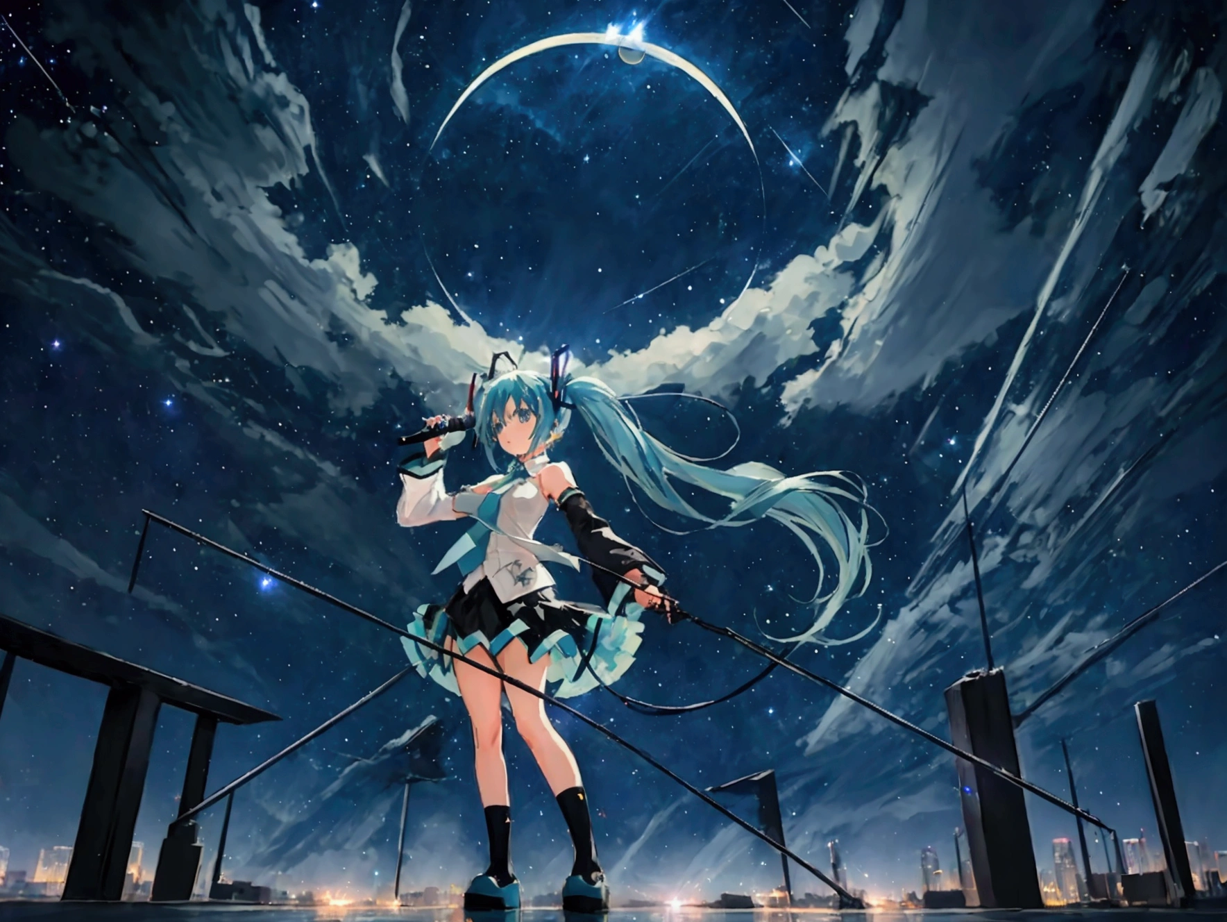 ((High Quality,high resolution,Painting)),(Hatsune Miku,one person&#39;s,Light blue hair,Twin tails,No sleeve,tie,mini skirt,socks,Black hoodie),((Blue is the predominant color,Angle from below,Stars in the night sky,Crescent Moon)),(Shining futuristic city at night,Night view,Cyber World),(Dynamic pose,Cool pose,Standing on a glass stage,Cool look,singing,Holding a microphone)