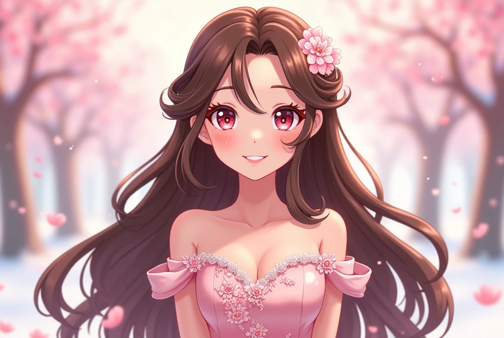 Long Hair, Brown Hair, Shiny Hair, Diagonal bangs, Large Breasts, smile, Pink eyes, smiling, Droopy eyes, ribbon, anime, One person, Princess,daughter,Neat pink wedding dress with cherry blossoms,snow