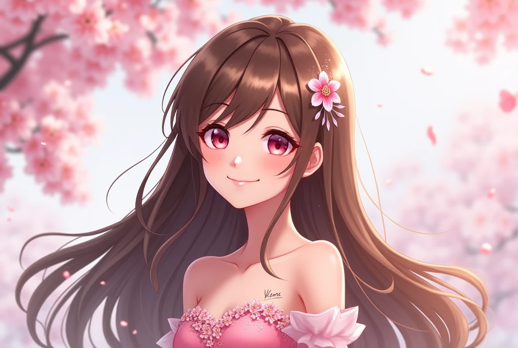 Long Hair, Brown Hair, Shiny Hair, Diagonal bangs, Large Breasts, smile, Pink eyes, smiling, Droopy eyes, ribbon, anime, One person, Princess,daughter,Neat pink wedding dress with cherry blossoms,snow