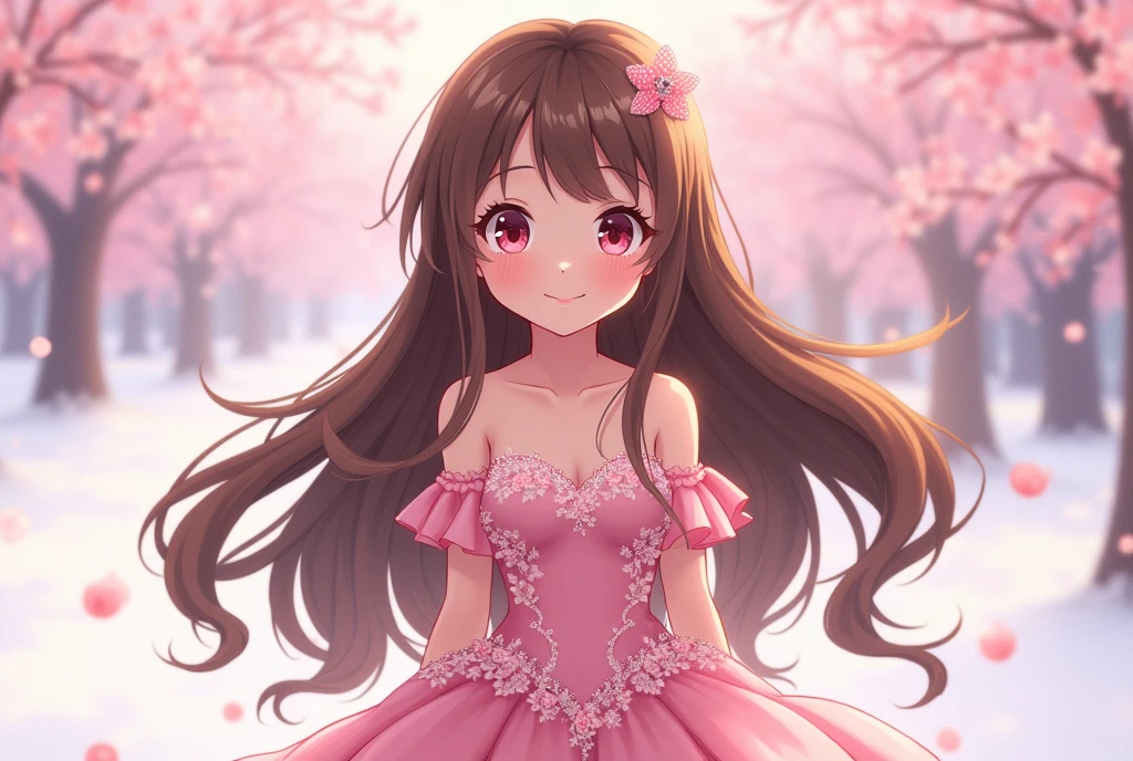 Long Hair, Brown Hair, Shiny Hair, Diagonal bangs, Large Breasts, smile, Pink eyes, smiling, Droopy eyes, ribbon, anime, One person, Princess,daughter,Neat pink wedding dress with cherry blossoms,snow