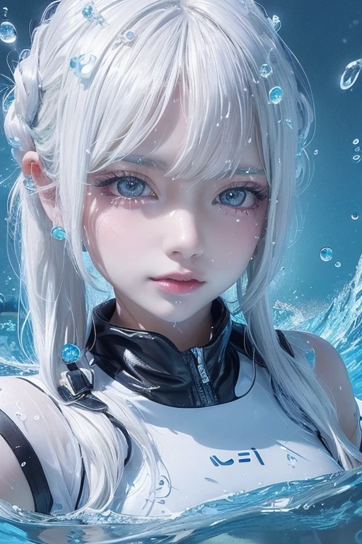 Close-up of a woman in a wet suit in the water,White transparent bikini wet in the rain, Gu Weiss, closeup fantasy with water magic, Covered with water droplets, soak, Rainy and humid, Wet, Wet flowing hair, Wet body, artwork in the style of Gu Weiss, Ethereal Beauty, Beautiful body and face, The water reached her shoulders.