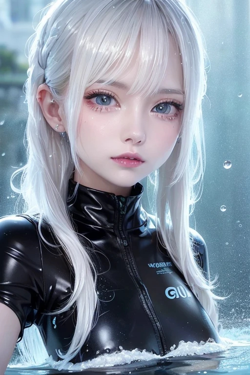 Close-up of a woman in a wet suit in the water,White transparent bikini wet in the rain, Gu Weiss, closeup fantasy with water magic, Covered with water droplets, soak, Rainy and humid, Wet, Wet flowing hair, Wet body, artwork in the style of Gu Weiss, Ethereal Beauty, Beautiful body and face, The water reached her shoulders.