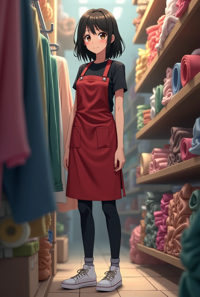 Create a brunette anime girl about 20 years old with long black hair and her hair would be somewhat unruly and brown pupils and dark circles like a raccoon from sleeplessness with a black shirt and a red apron also put black pants and white tennis shoes put her in the background of a full body fabric store