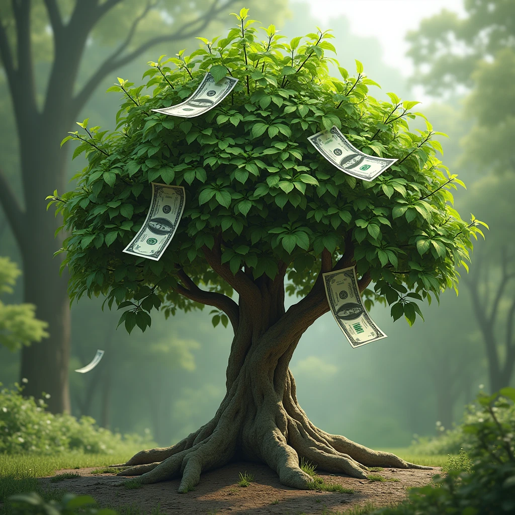Realistic Money Tree, with 4 dollar bills, green white and brown