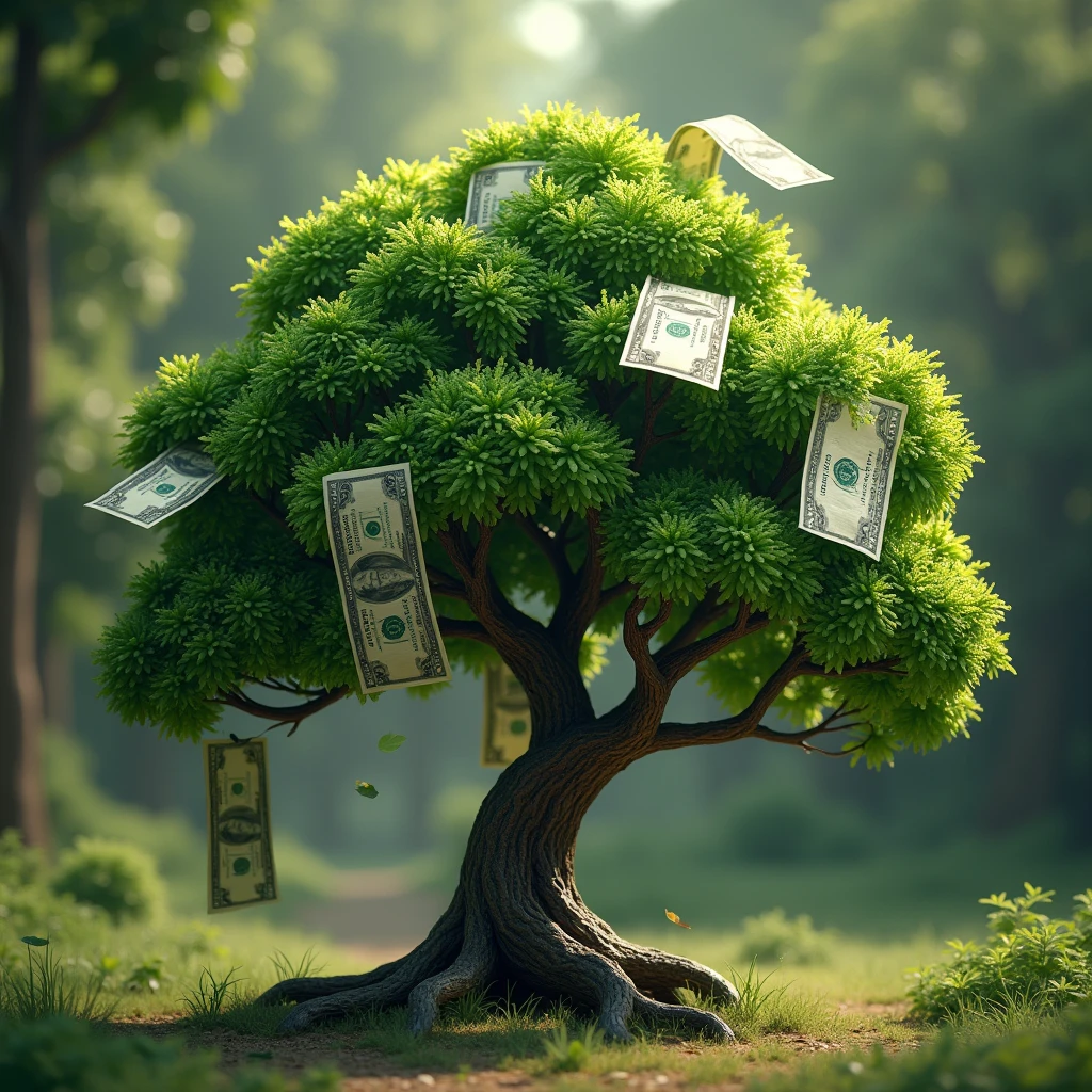 Realistic Money Tree, with 4 dollar bills, green white and brown