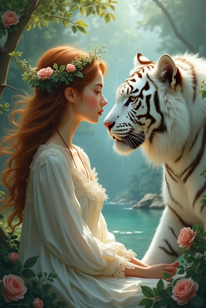 Beautiful girl and white tiger
