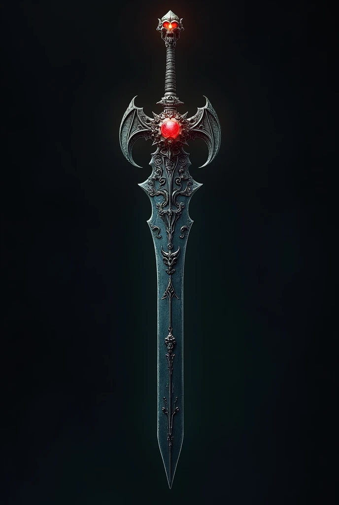 Create an ancient sword named "Ceifadora de Almas," designed for the son of Hades. The blade is black with a deep purple hue, resembling dark obsidian, symbolizing the underworld. The blade is long and slightly curved, with a shimmering dark aura, giving the impression of an ethereal connection to the realm of the dead. At the center of the hilt is a menacing skull, its eye sockets glowing faintly as if watching the souls it claims. The hilt is adorned with intricate carvings of serpents and skulls, reinforcing its connection to death and the spirits. The crossguard is forged in the shape of bat wings, dark and threatening, enhancing the weapon's ominous appearance. The pommel features a large, blood-red gem, glowing faintly, as if imbued with the souls of the damned. The entire sword exudes a foreboding presence, clearly designed for a warrior destined to rule the underworld