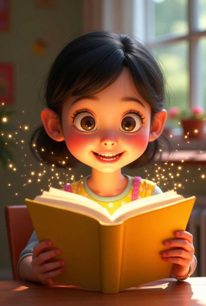 A smiling Pixar-style girl reading a yellow book that has a life of its own