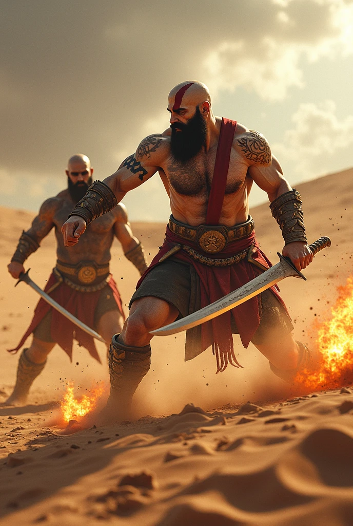 Kratos fighting with the blades of chaos with osiris in the desert.