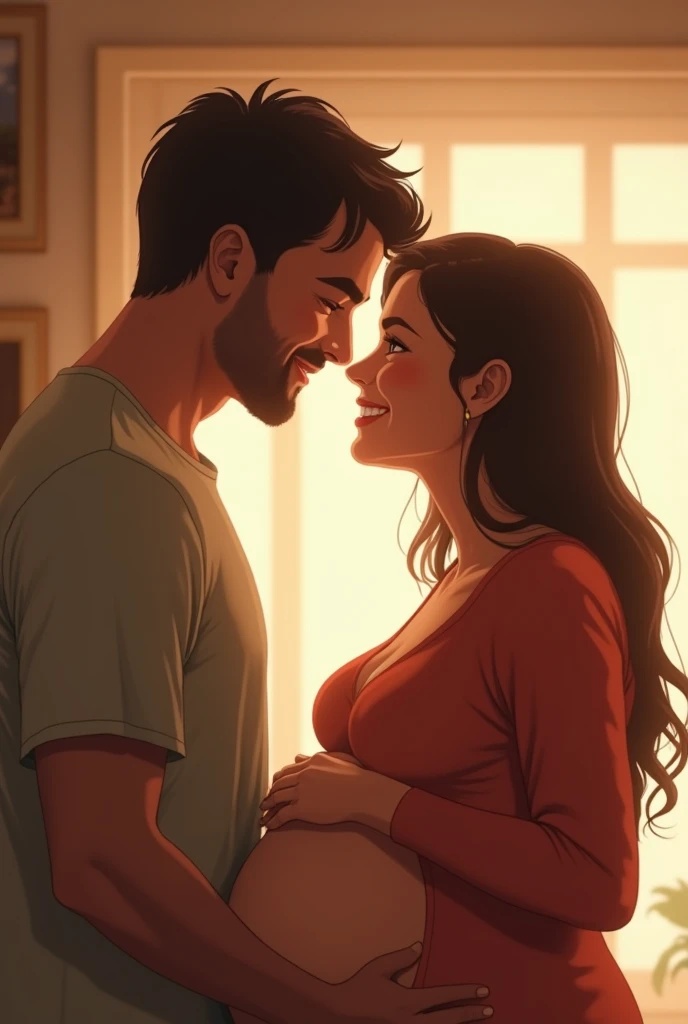 Two people showing on their faces that the woman is pregnant