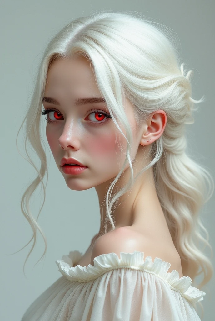 beautiful girl with white hair and red eyes, portrait, Leonardo Da Vinci style, semi-realism