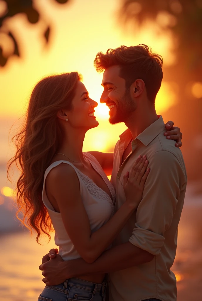 A joyful couple enjoying their time together in a picturesque setting. The couple is sharing a special moment, smiling, and laughing as they embrace each other. The background features a serene location, such as a beach at sunset, a lush green park, or a cozy café. The atmosphere is warm and inviting, with soft lighting that highlights the happiness on their faces. The overall scene captures a sense of love, connection, and contentment."