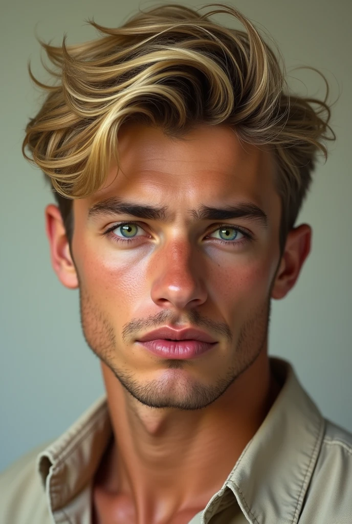 man, realistic, short blond hair, green eyes, boy, masculine,
