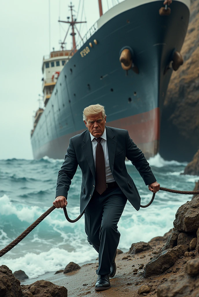 A businessman pulling a large ship from the sea