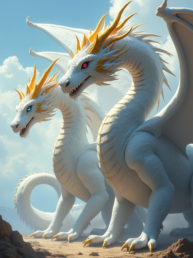 (Best quality)A colossal dragon, white in color, (which has 3 heads, a head with a blue eye, a head with a red eye, a head with a blue eye),(it has gleaming golden horns), (it has golden stripes on its 6 wings.)