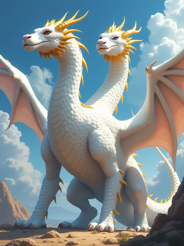 (Best quality)A colossal dragon, white in color, (which has 3 heads, a head with a blue eye, a head with a red eye, a head with a blue eye),(it has gleaming golden horns), (it has golden stripes on its 6 wings.)