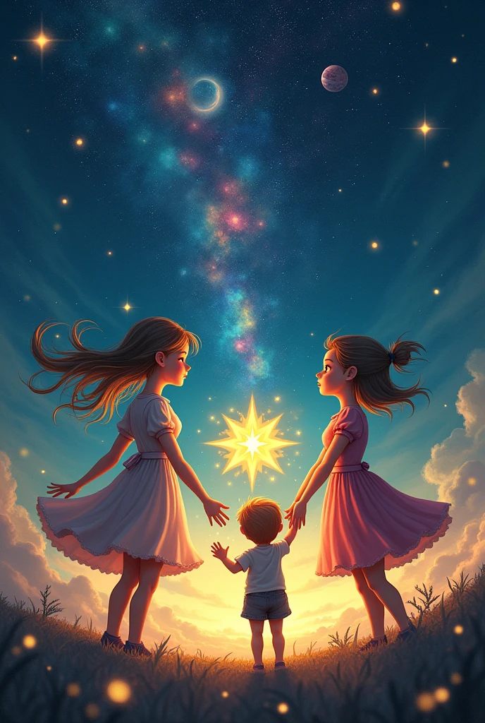 Space with planets and 2 girls the youngest with long hair and the oldest with short hair and a boy holding a star