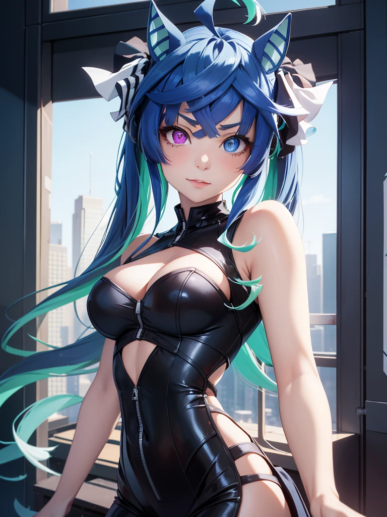(masterpiece、top-quality、hight resolution、Unity 8k、extremely details CG:1,Best Picture), A girl seductively gazing with half-lidded eyes, her gaze direct and intense. Her lips are slightly parted, with a soft, subtle smile that hints at her intentions. Her head is tilted slightly downward, her features relaxed yet confident. A playful glint in her eyes suggests she’s enjoying the act of seduction. Twin_Turbo_Umamusume, aqua hair, twintails, heterochromia, purple eyes, blue eyes