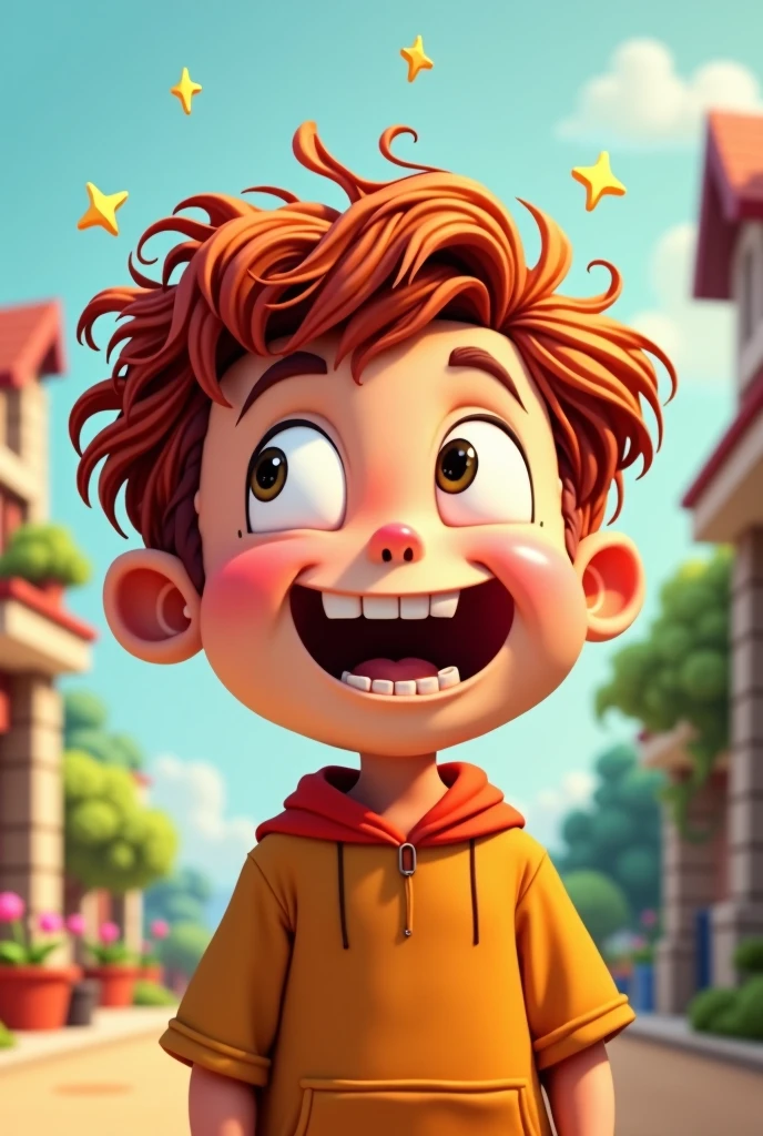 A cartoon character, a boy, with curly hair and reddish brown hair, wants to laugh