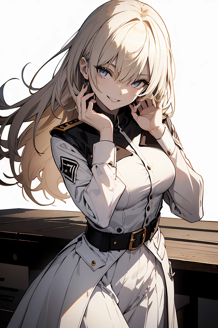 (Super sexy pose:1.2), One Girl, whole body, White one-piece military uniform, (Tabletop:1.2, Highest quality), (Beautiful, detailed eyes: 1.2), (Beautifully detailed face), High Contrast, (Best lighting, Very delicate and beautiful), ((Cinematic Light)), Dramatic Light, Deep orange eyes, small, Below the belt , White military uniform, White Skirt,Blonde, Black tie, (Pale white background:1.5), Wolf Cut Hair, Look at me and smile,