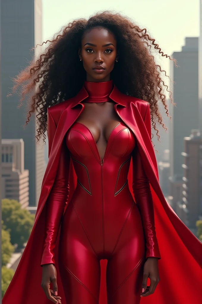 Long curly beautiful teen Kenyan woman. Hero outfit color Red. She wears a jacket but as heroic outfit.