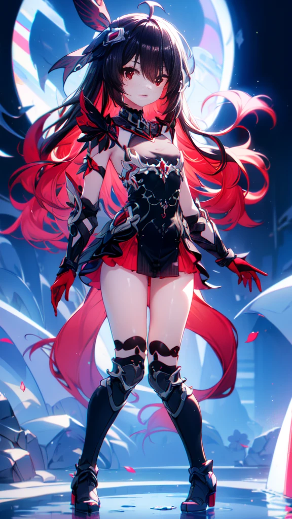 starchasmnyx, starchasm nyx, Antenna Hair, Hair between the eyes, Long Hair, (Red eyes:1.5), Redhead, Black Hair, Two-tone hair, (Small breasts:1.2),
break bare shoulders, black dress, Black footwear, boots, rock, dress, flower, hair ornaments, red flower, thigh boots, Knee socks,
break looking at viewer, (whole body:1.2),
break outdoors, null間, star (null), starry null,
break (masterpiece:1.2), Highest quality, High resolution, unity 8k wallpaper, (shape:0.8), (Fine and beautiful eyes:1.6), Highly detailed face, Perfect lighting, Highly detailed CG, (Perfect hands, Perfect Anatomy),