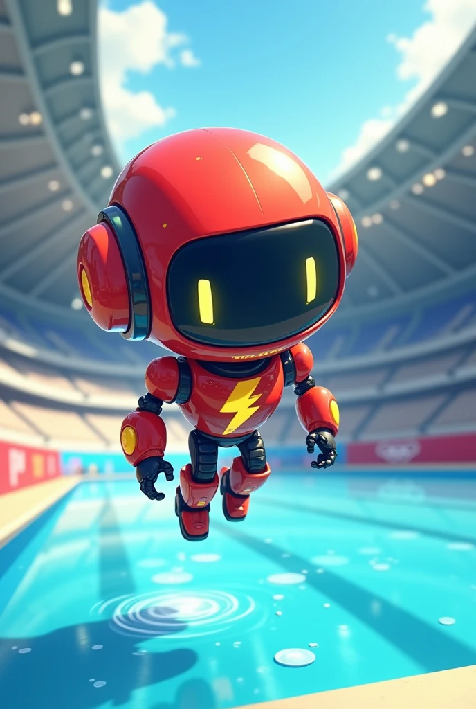 Create an Olympic mascot of a character doing a vertical dive into an Olympic pool, It must be a cute robot that has the colors red and yellow and on its chest it must have a lightning bolt logo. 