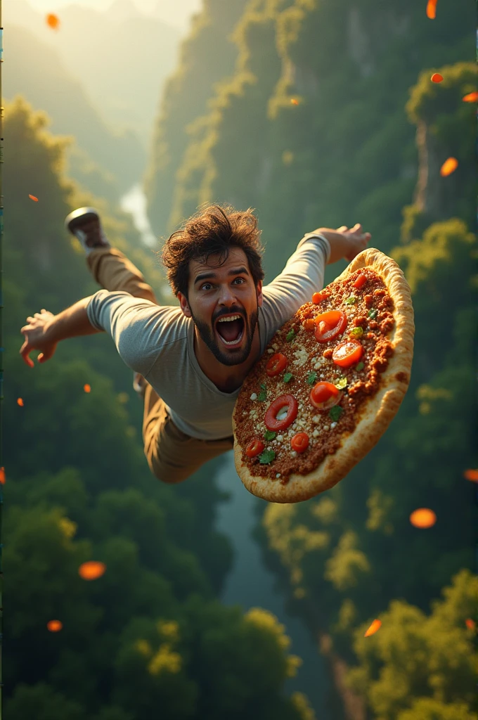 A person eating lahmacun while falling from a plane is a real person falling into the forest, ultra mega realistic